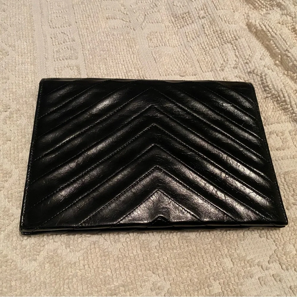Yves Saint Laurent Black Leather Chevron Pouch Envelope Clutch - Picture 9 of 16
